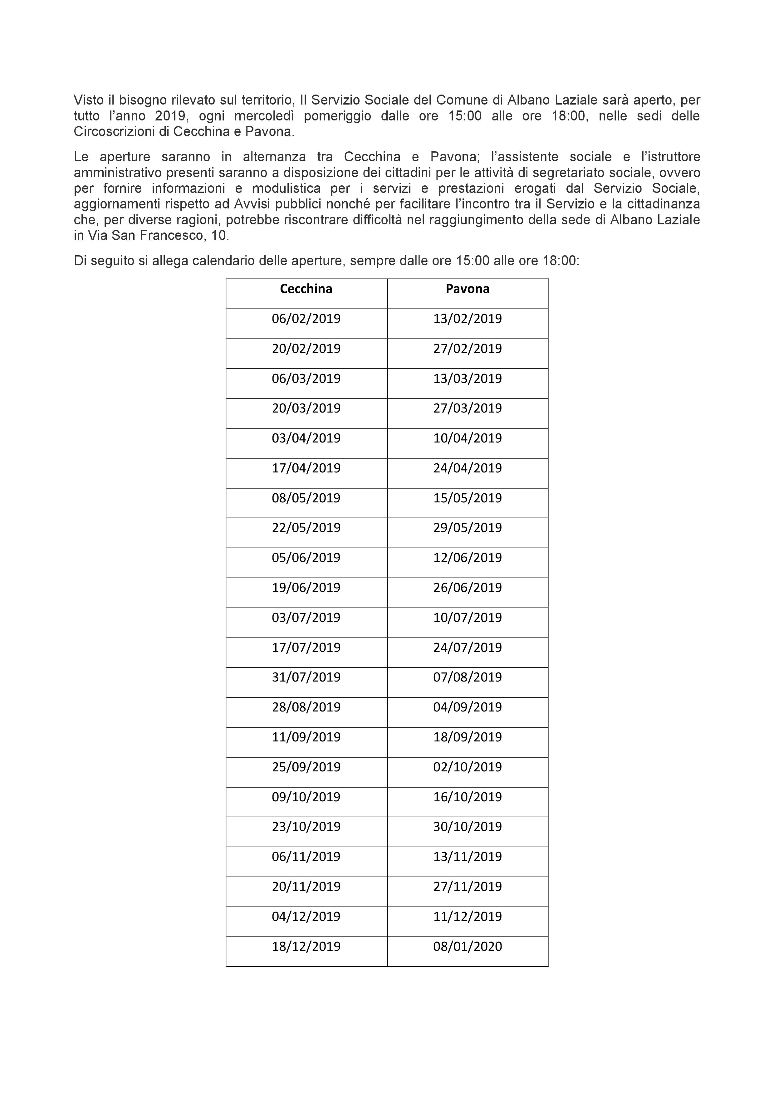 File di immagine contenente date e orari di apertura dei Servizi Sociali nelle Circoscrizioni di Cecchina e Pavona per l'anno 2019